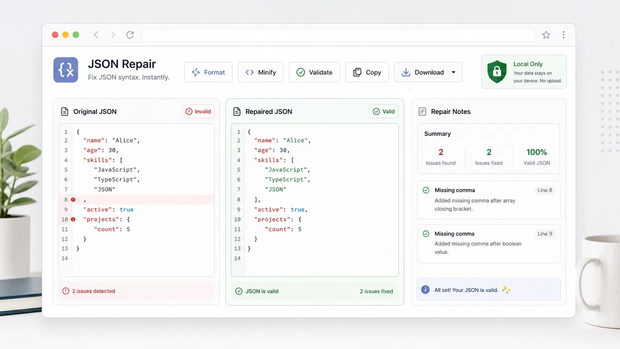 JSON Repair browser tool with Original JSON, Repaired JSON, and Repair Notes panels