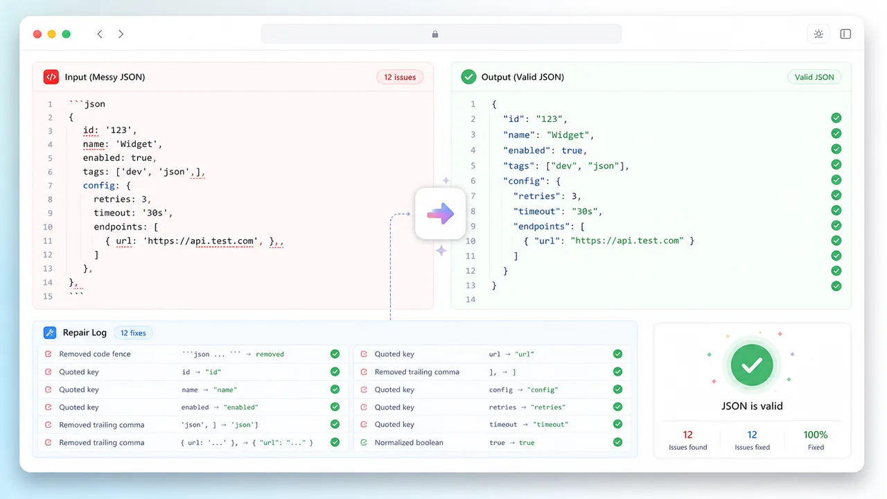 JSON Repair showing messy pseudo JSON repaired into valid formatted JSON with a change log