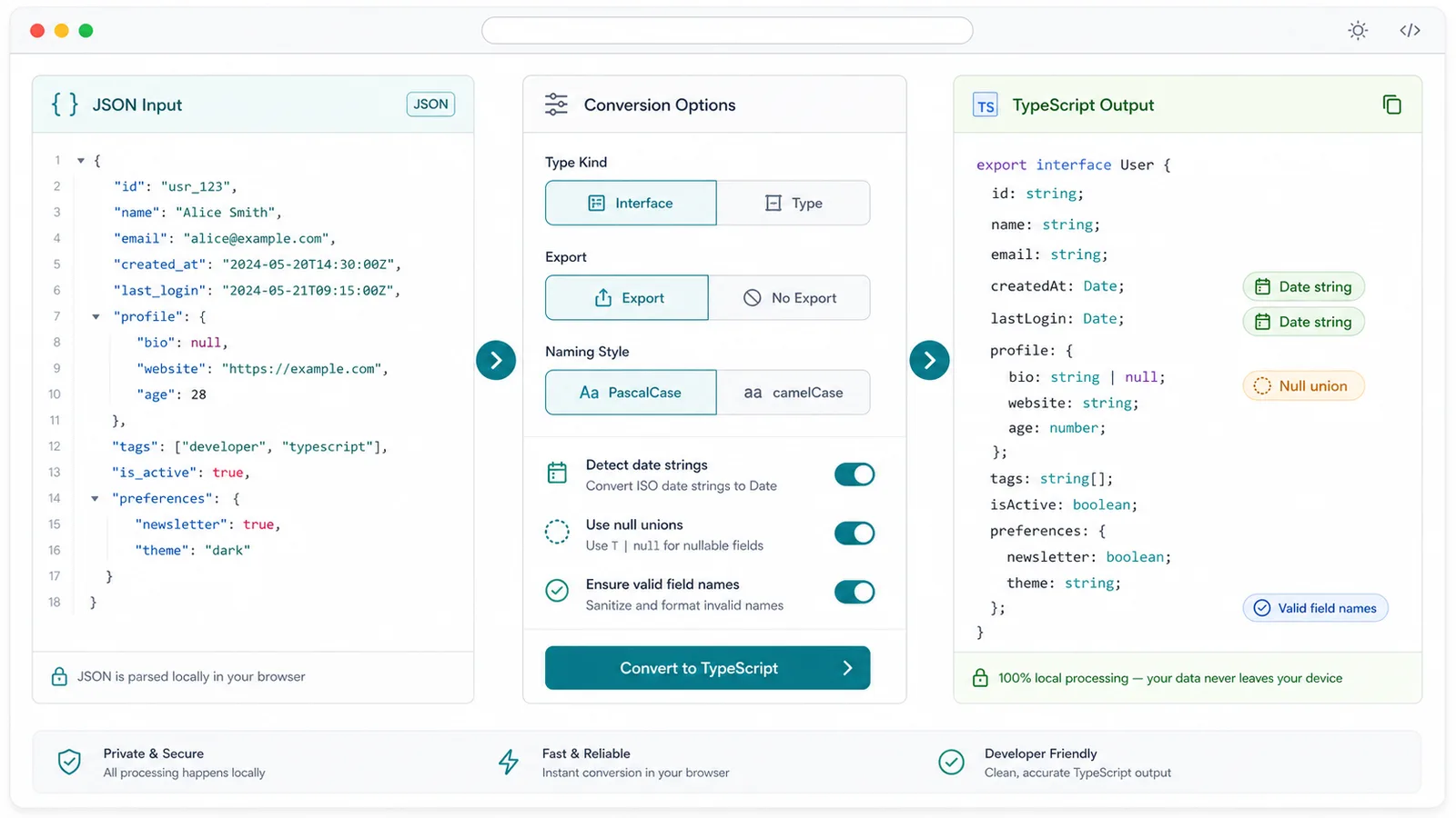 JSON to TypeScript Converter options for interface type export PascalCase names dates and null unions