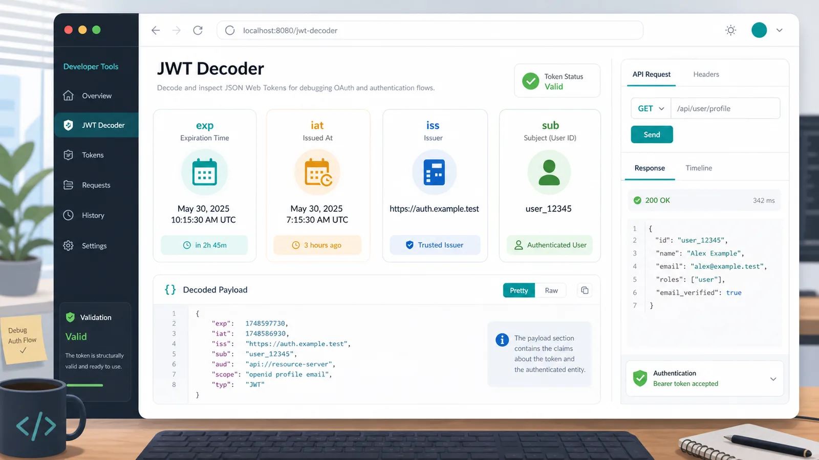 JWT Decoder claim summary cards for exp iat iss and sub during OAuth login debugging