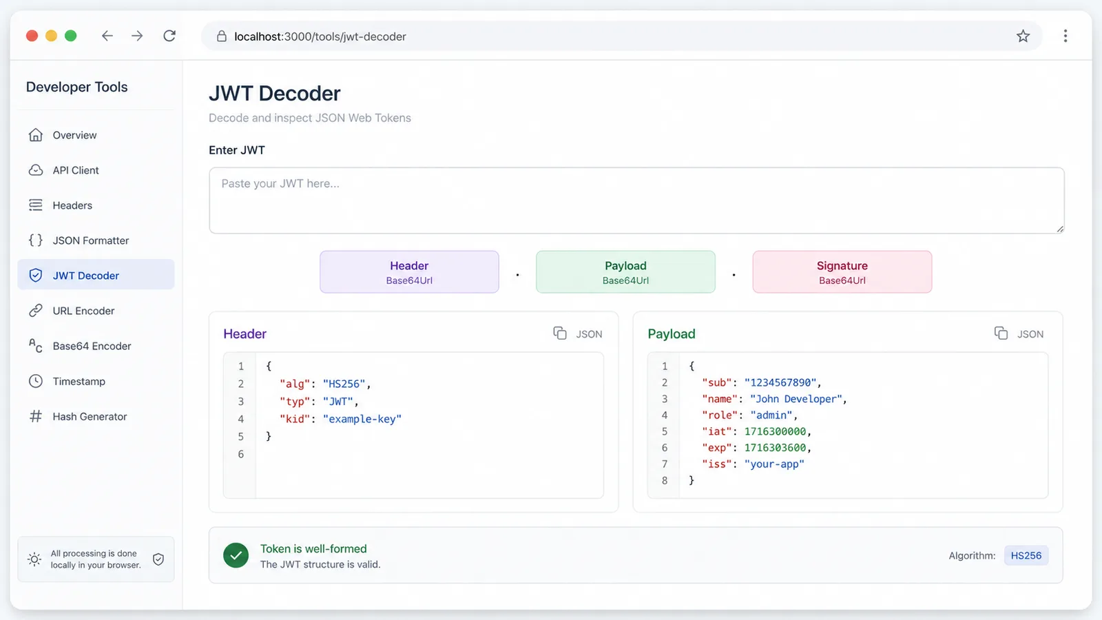 JWT Decoder showing Header Payload and Signature sections decoded into readable JSON panels