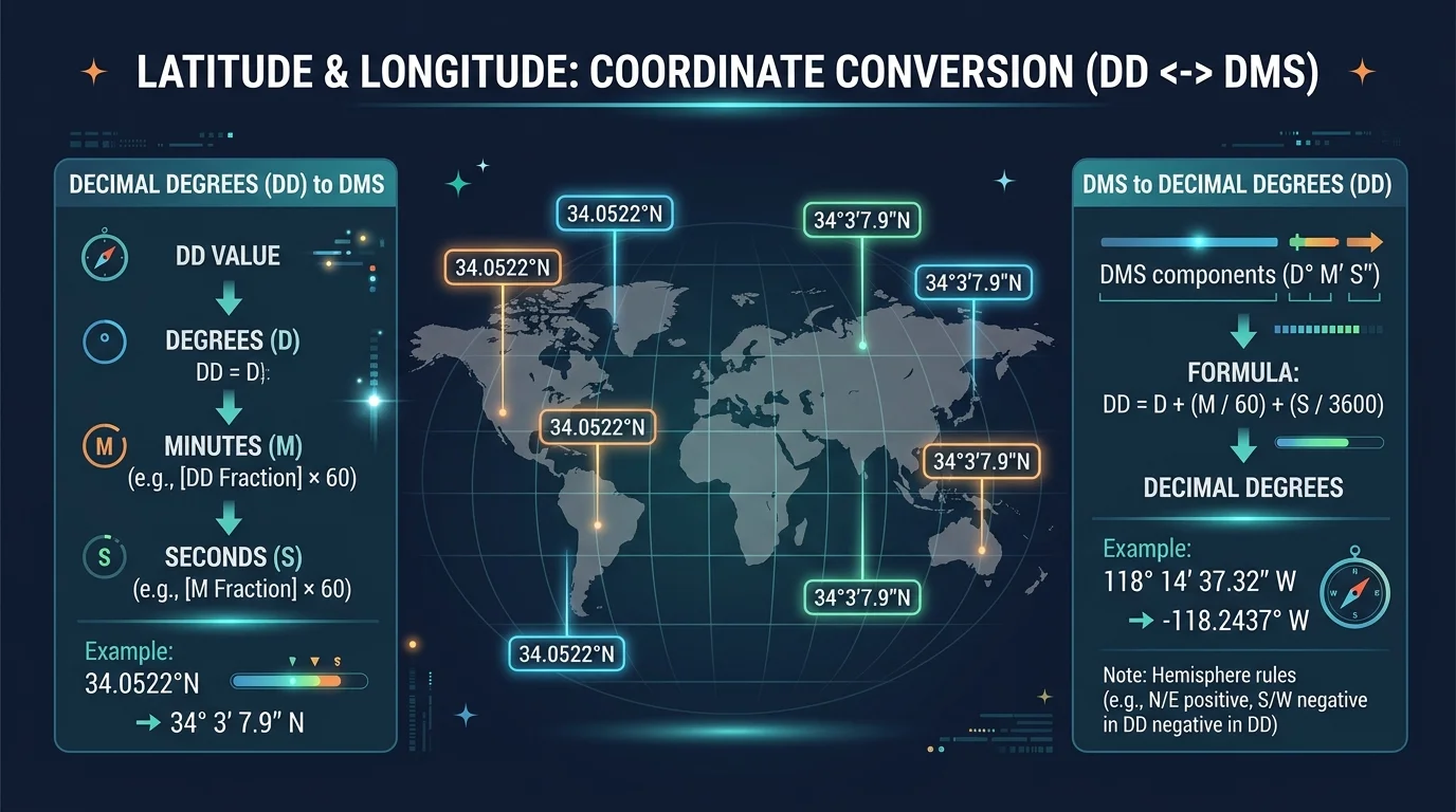City map showing three coloured pins — WGS84 (blue), GCJ-02 (orange), BD-09 (red) — with drift-correction arrows between them