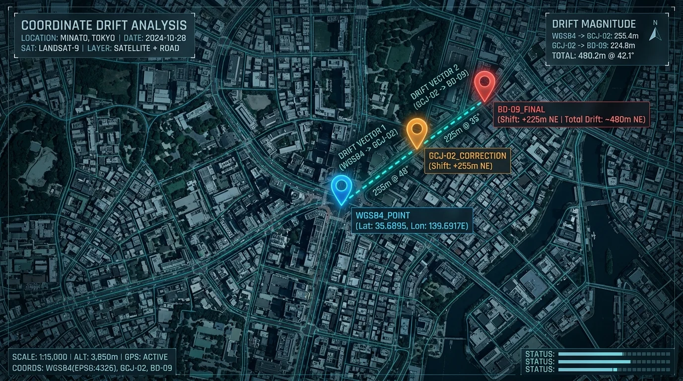 Drone above a terrain survey grid with DMS, DDM, and DD coordinate labels floating alongside the flight path
