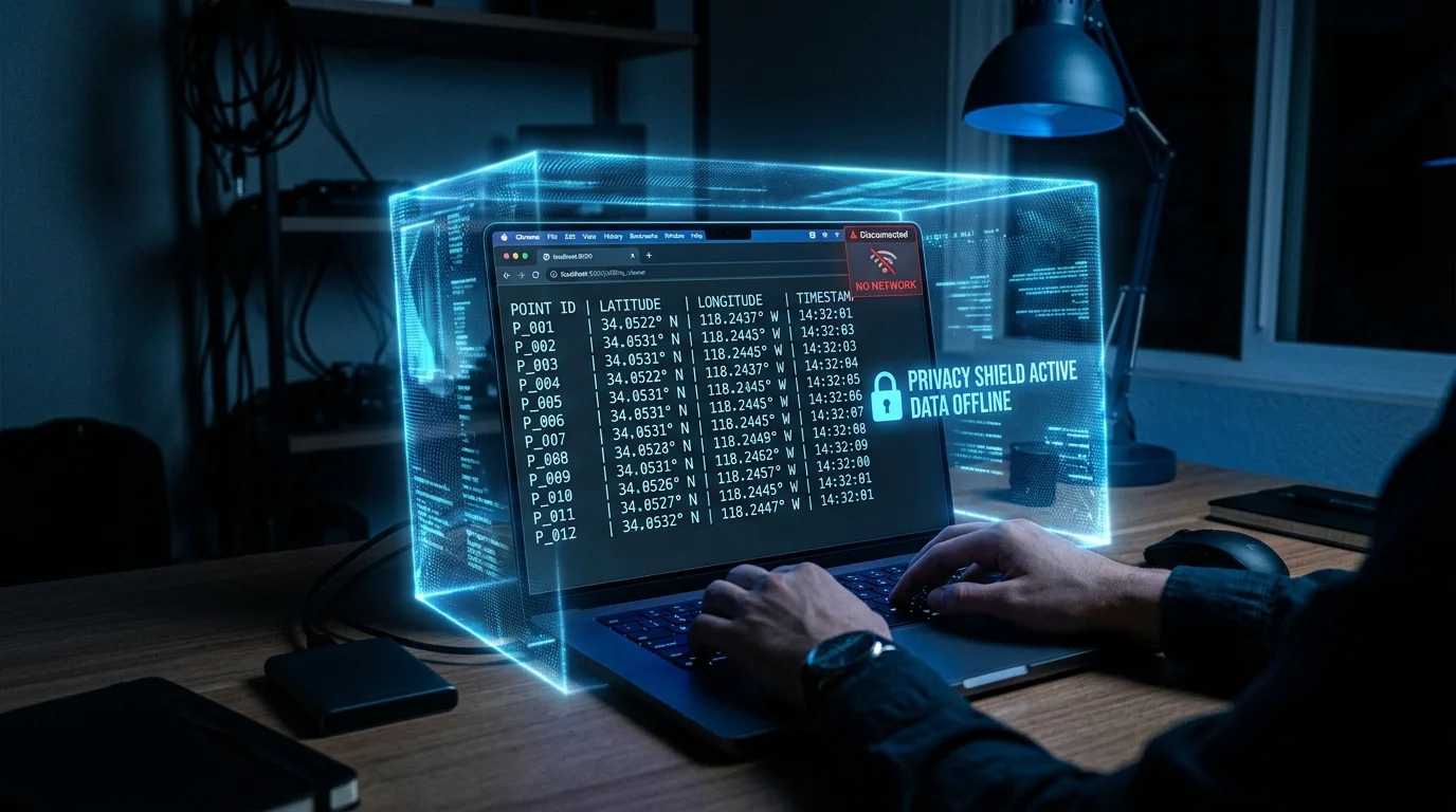 Laptop screen showing coordinate data inside a browser with a privacy shield hologram and a no-network icon in a dark room