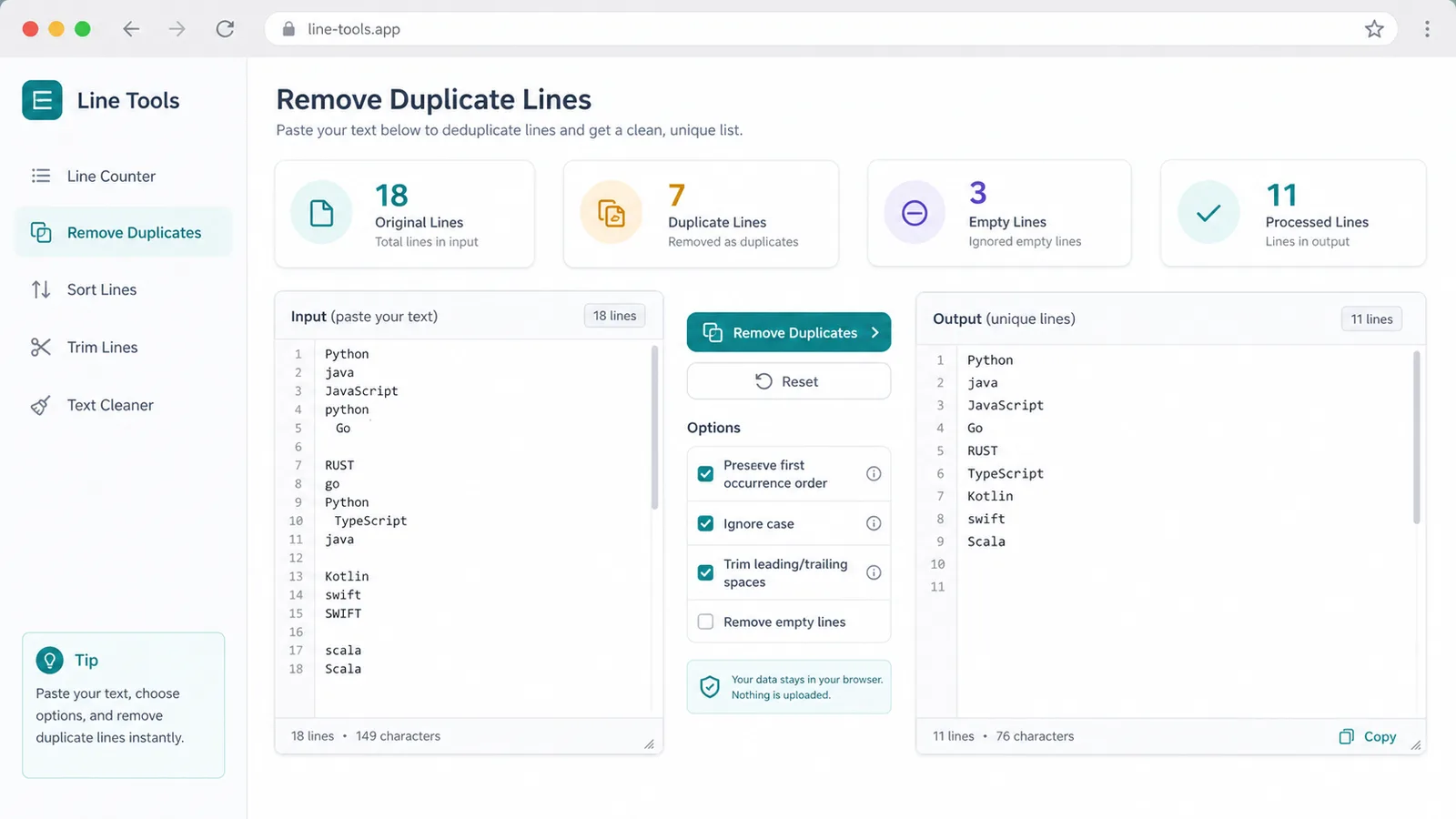 Line Tools interface removing duplicate lines from keyword URL email and name lists with original duplicate empty and processed line counts