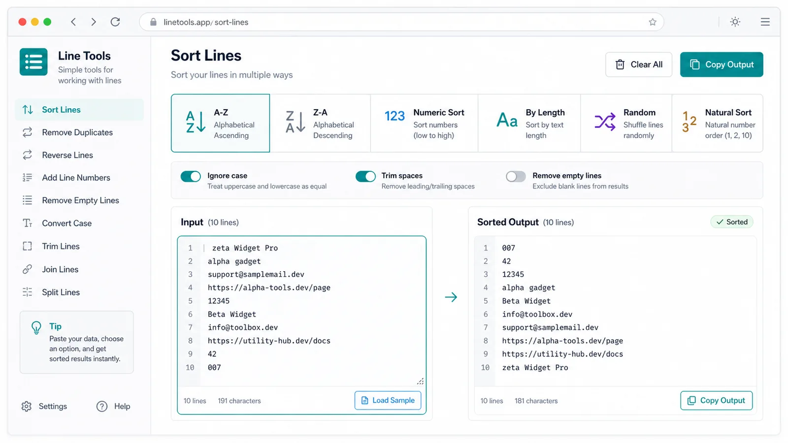 Line Tools sorting workflow with A-Z Z-A numeric text length random and natural number sorting options