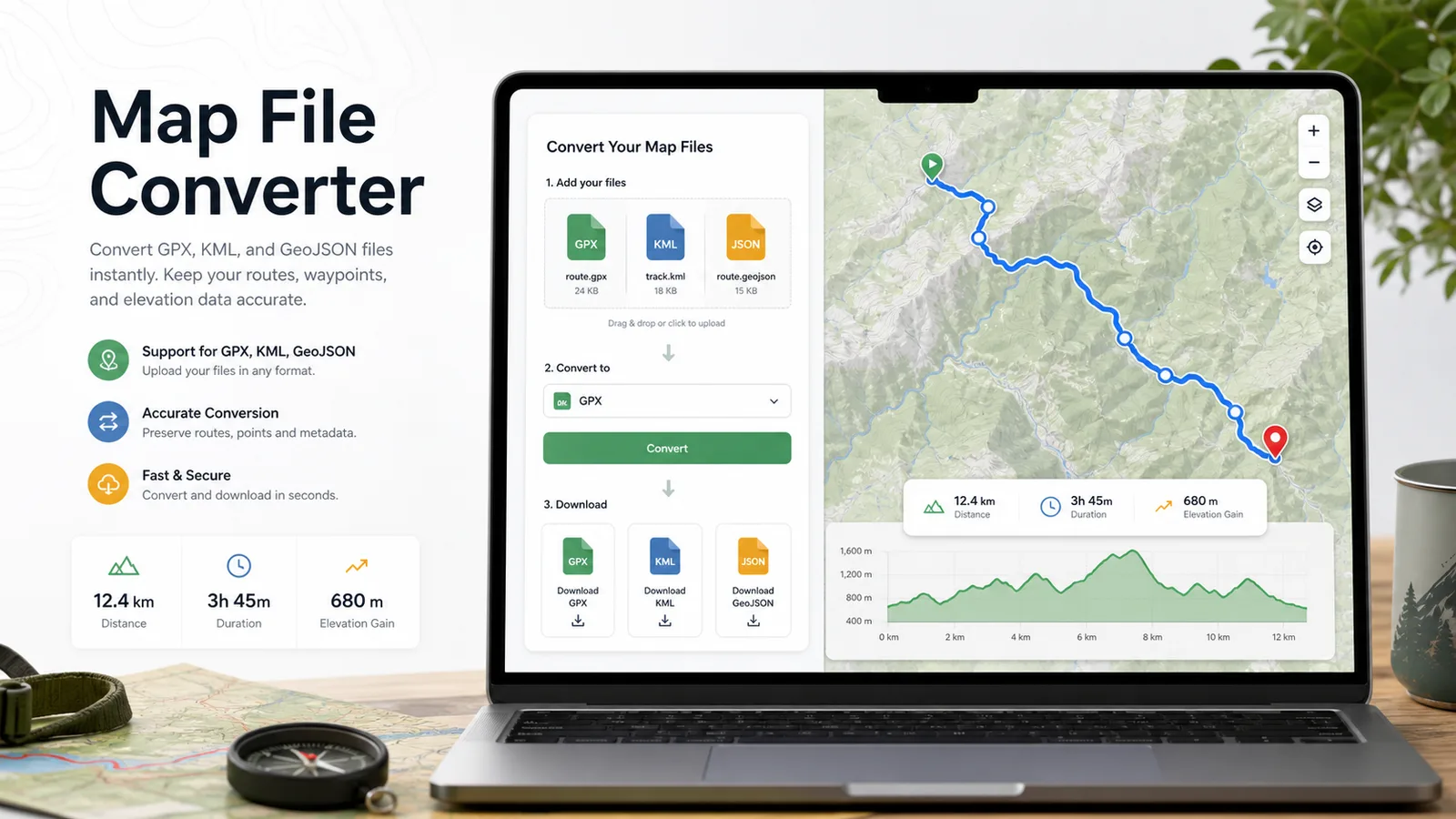Map File Converter GPX KML GeoJSON upload conversion workflow with route download controls
