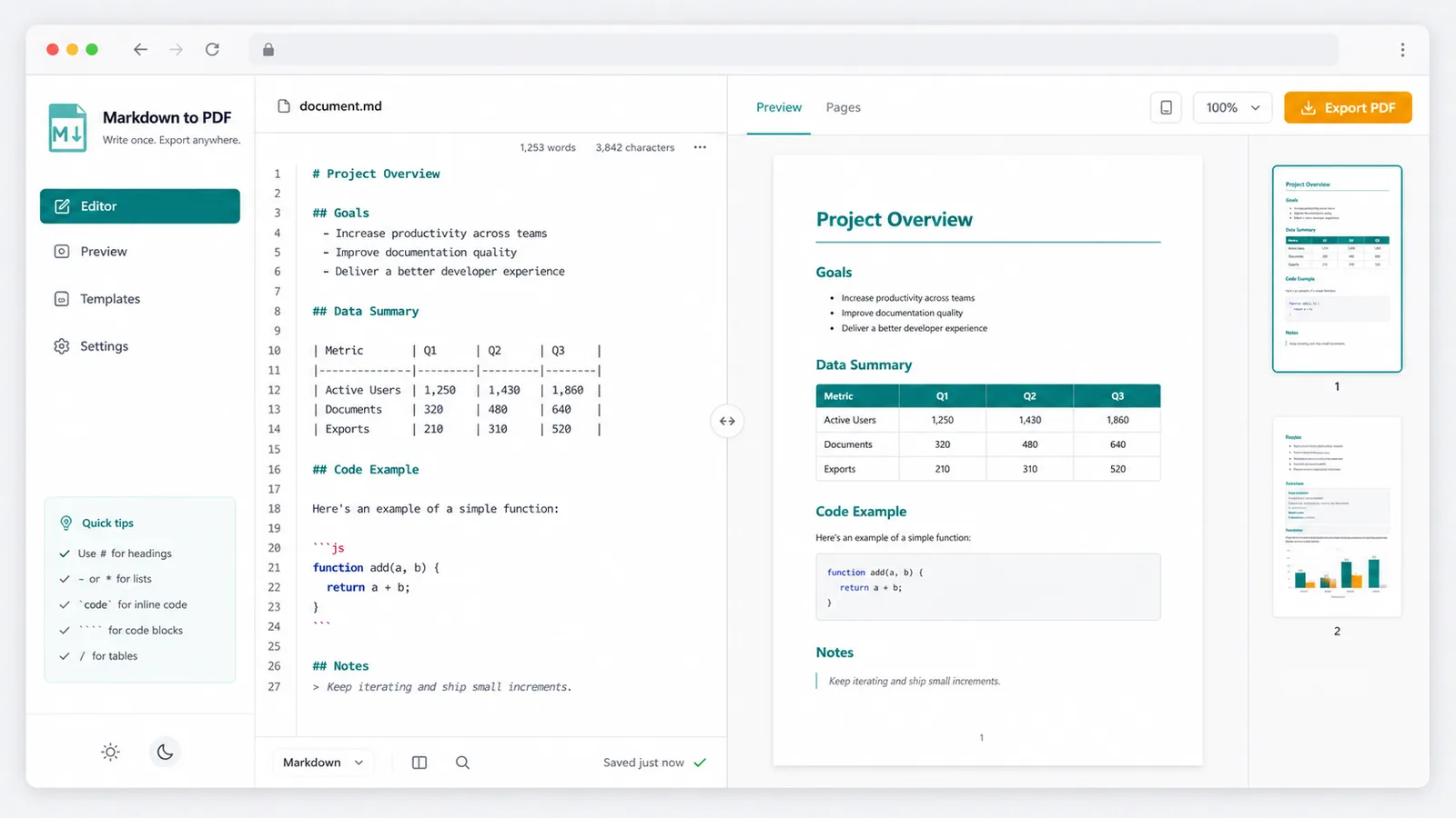 Convertidor de Markdown a PDF split editor rendering Markdown headings lists tables code blocks and PDF preview