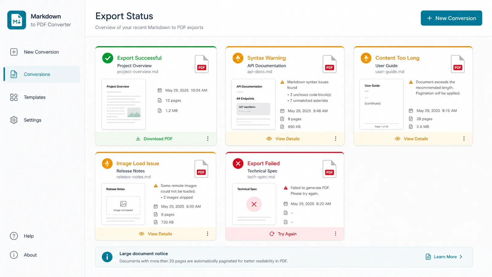 Convertidor de Markdown a PDF export status dashboard showing success syntax warning image load issue content too long and export failed states