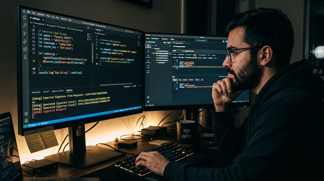 Developer debugging API MD5 signature in a dark-mode code editor with payment gateway response
