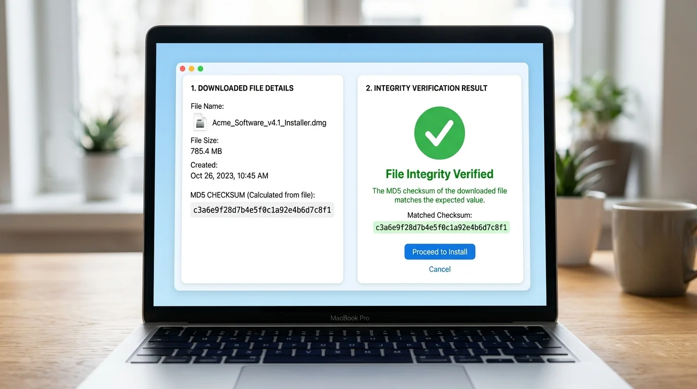 Side-by-side comparison of a downloaded file checksum and online MD5 verification with a green checkmark