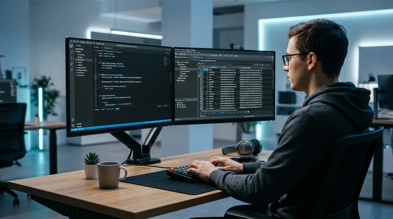 Developer at dual monitors with a database table showing MD5 hashed passwords