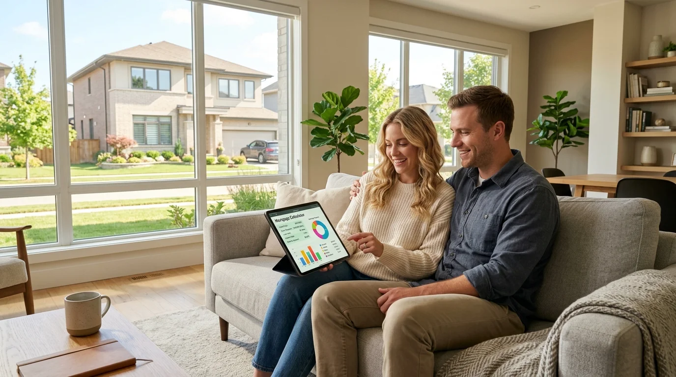Young couple using a monthly mortgage calculator on a tablet in a bright modern living room with their new home visible through the window