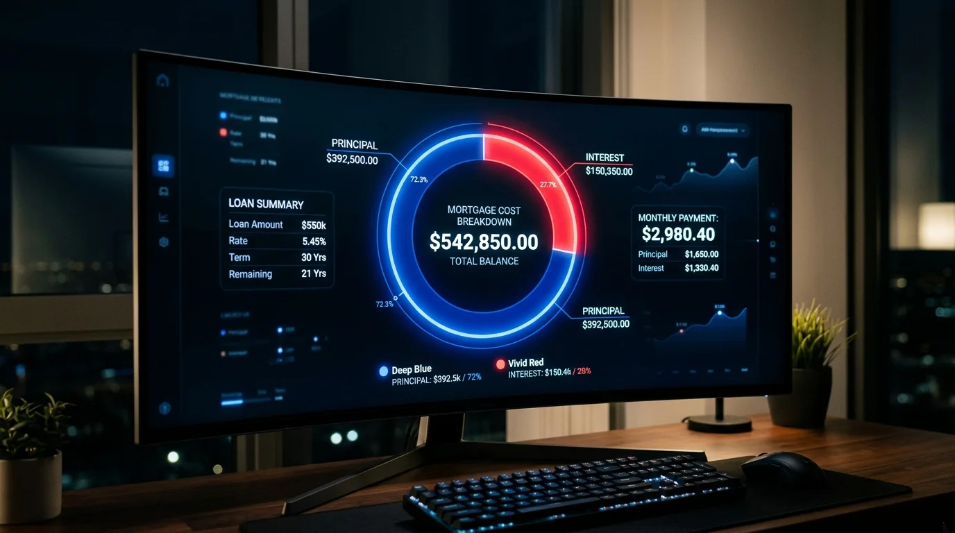 Dashboard pie chart showing mortgage principal and interest cost breakdown in blue and red on a dark UI screen