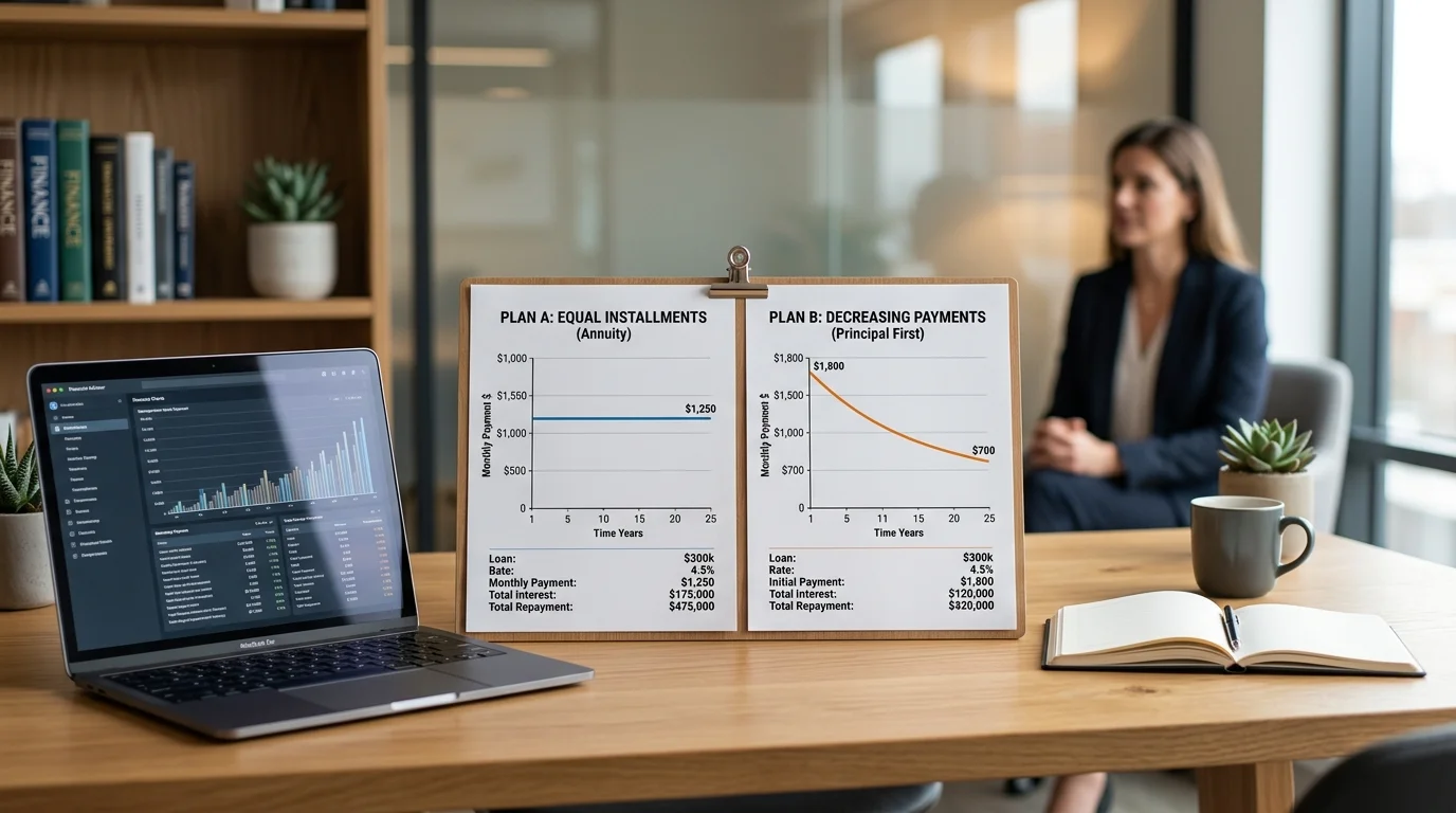 Two repayment plan comparison charts on a desk showing equal installment versus equal principal mortgage schedules