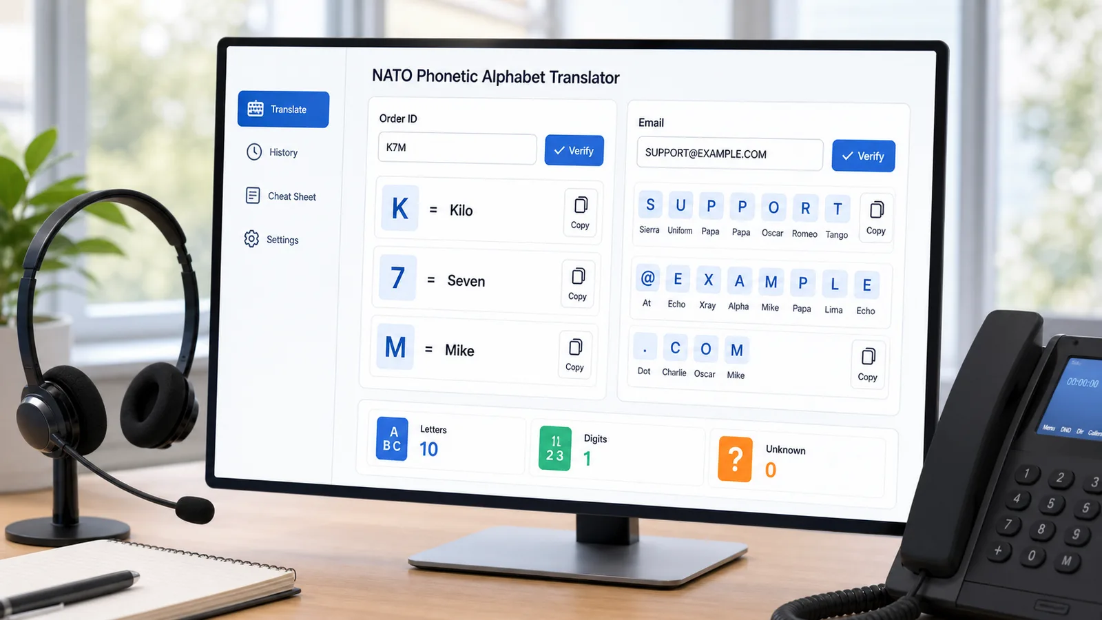 NATO Phonetic Alphabet Translator support workflow for verifying an email order number plate code and call sign