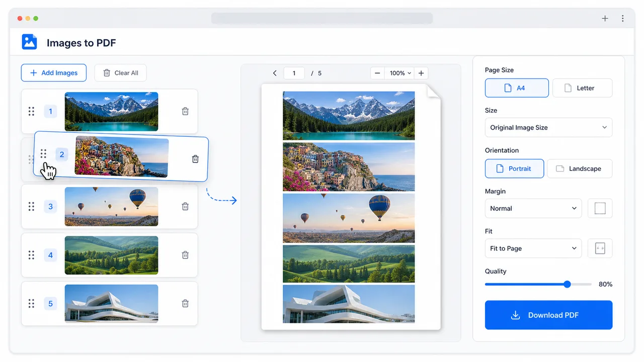 PDF Image Converter sorting JPG PNG and WebP images into an A4 or Letter PDF download