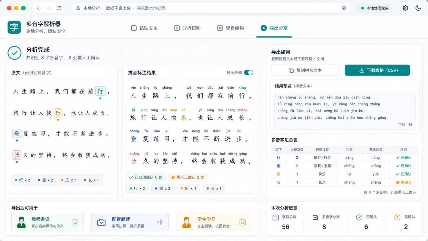 多音字辨析工具高亮中文文本中的行重乐长等多音字并展示拼音读音卡片