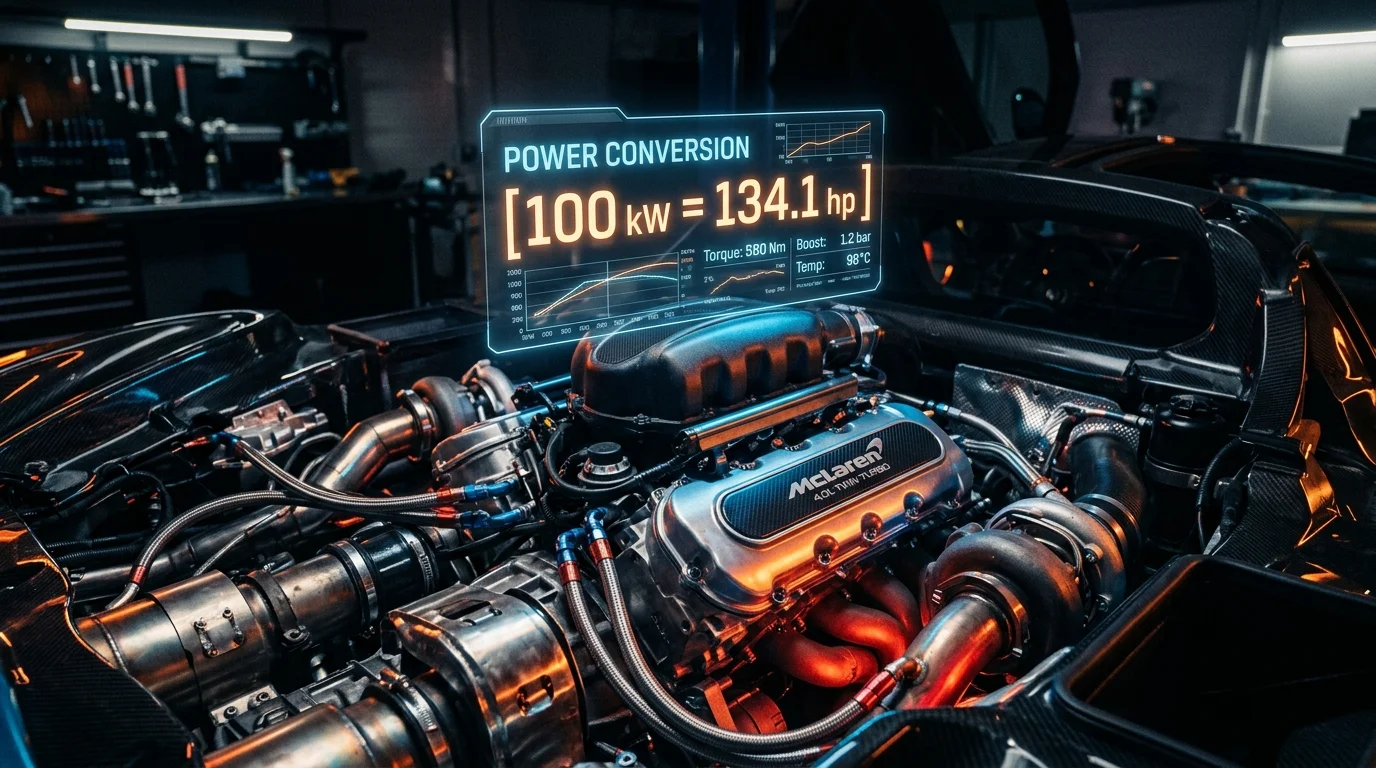 Close-up of a high-performance car engine bay with digital overlays showing kW and hp power unit conversion values