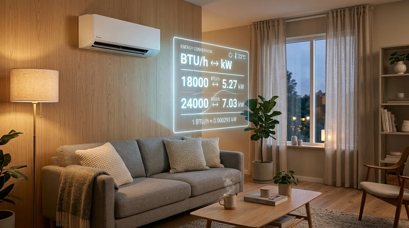 Modern living room with a wall-mounted air conditioner and a holographic panel displaying BTU/h to kilowatt conversion data