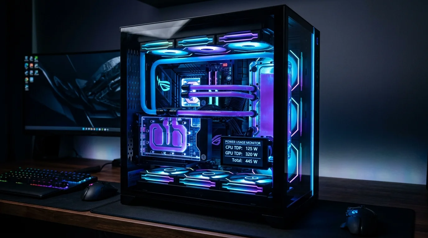 Glowing PC build inside a glass-panel tower case with a floating digital dashboard showing CPU and GPU TDP wattage numbers