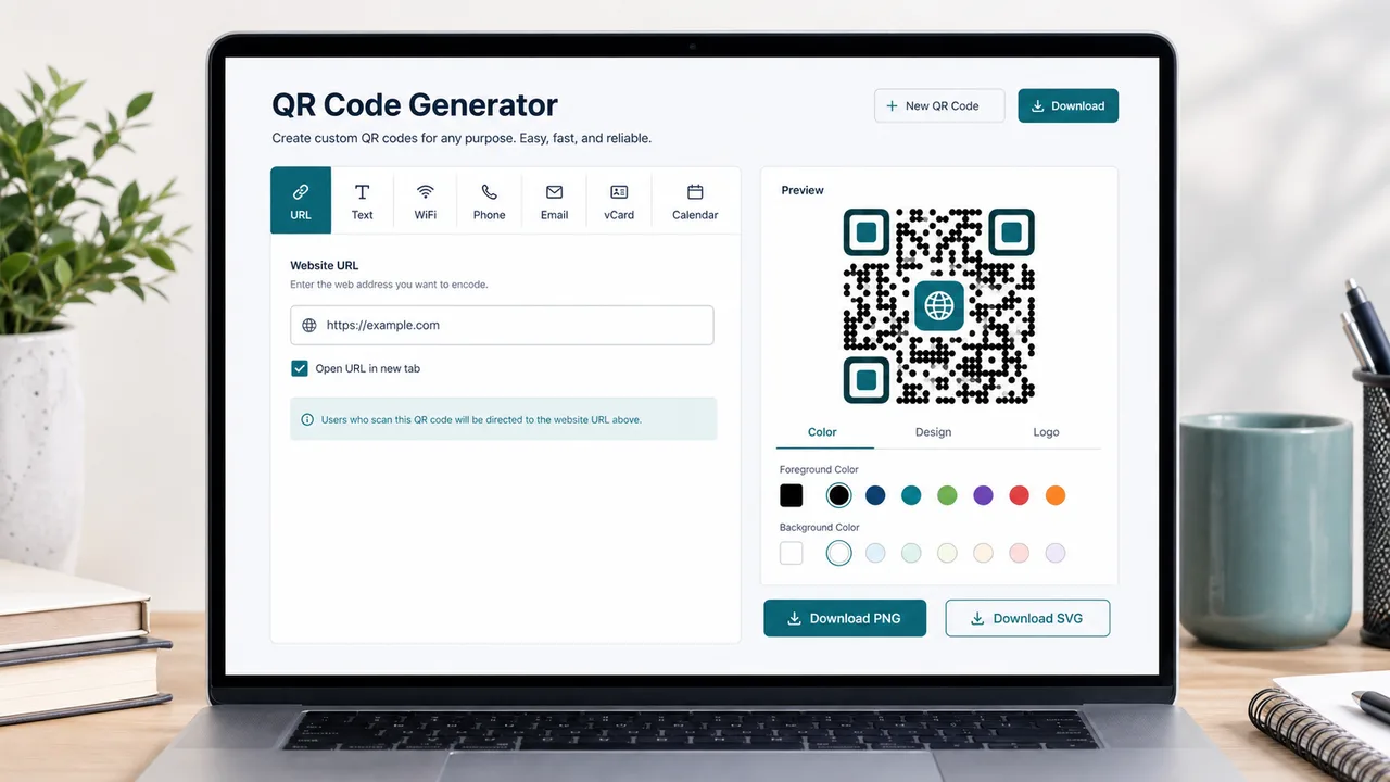 QR Code Generator interface showing URL, text, WiFi, vCard, email, SMS, and calendar QR code options