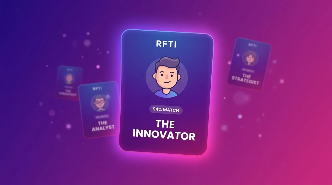 RFTI Test result card glowing on a smartphone screen with personality type and character avatar