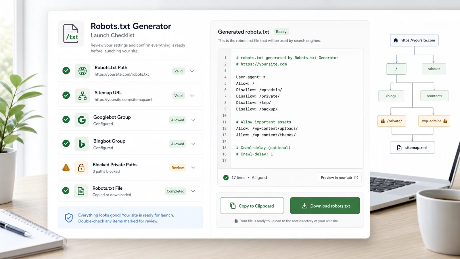 Checklist do Gerador de robots.txt para lançamento com sitemap e download