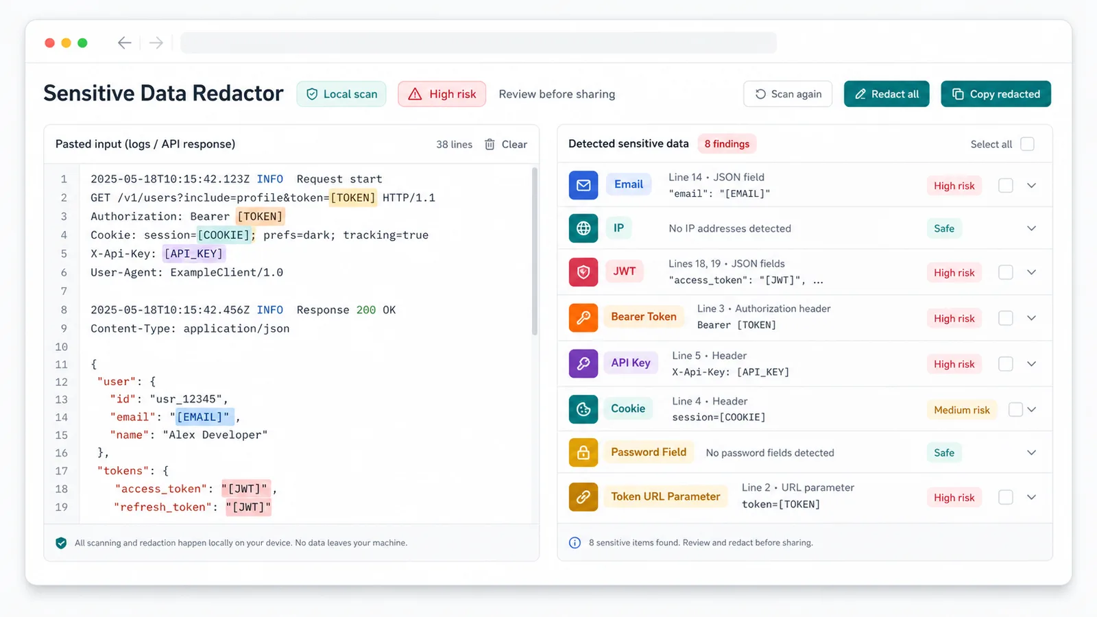 Sensitive Data Redactor local scan highlighting JWT Bearer Token API Key Cookie password field email IP URL and token parameter findings