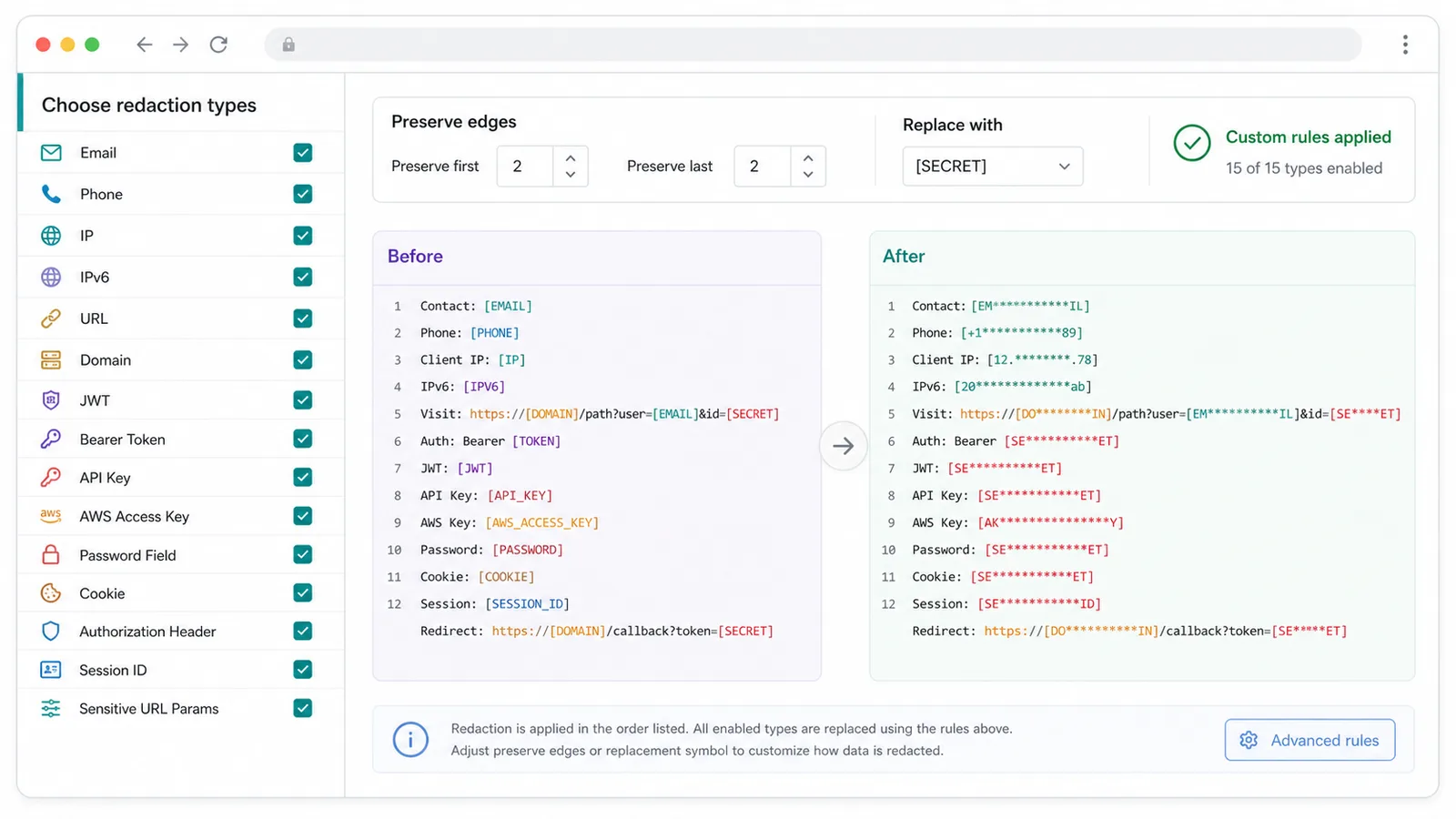 Sensitive Data Redactor controls for choosing redaction types preserving first and last characters and applying custom replacement rules