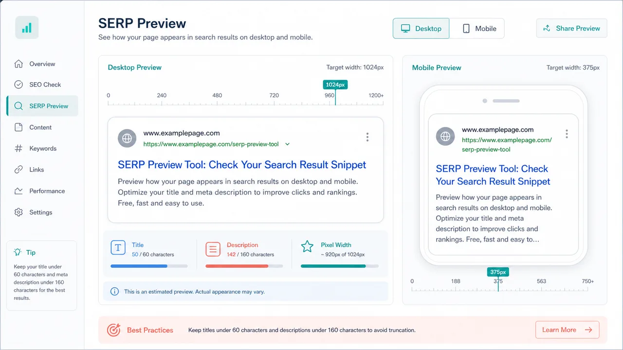 SERP Preview Tool comparing desktop and mobile search result previews