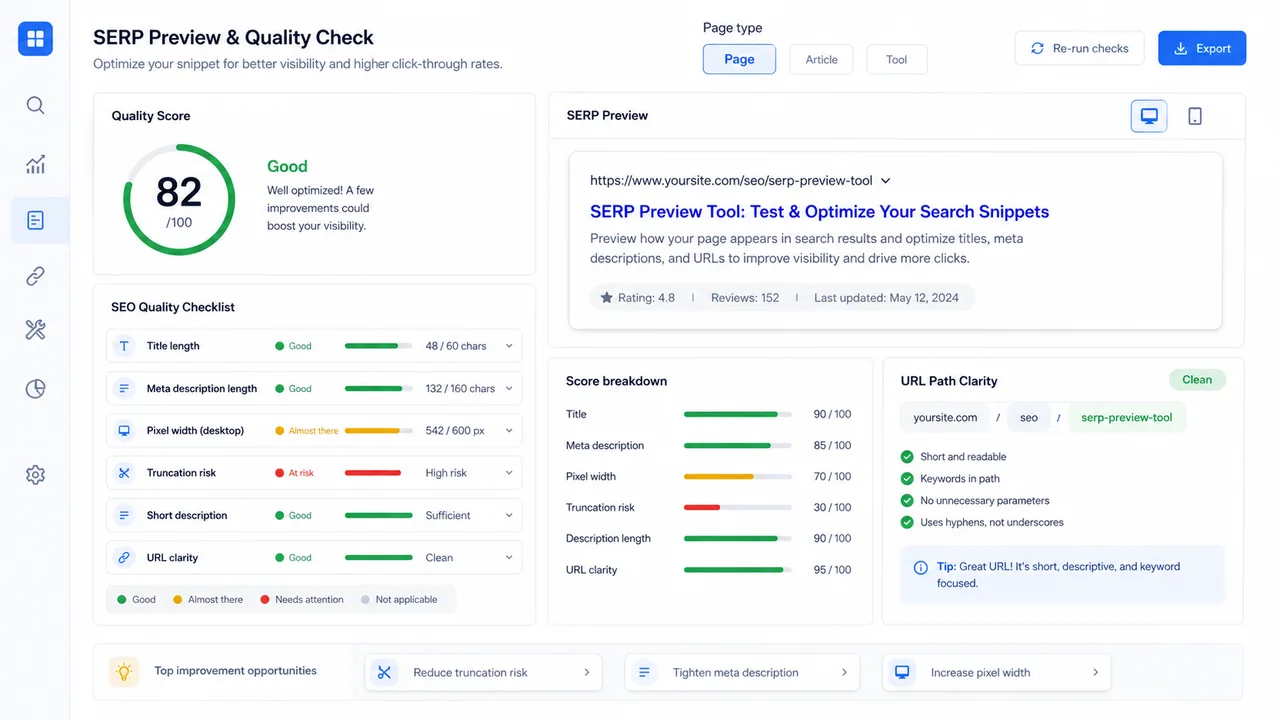 SERP Preview Tool checklist for title length meta description length pixel width truncation and URL clarity
