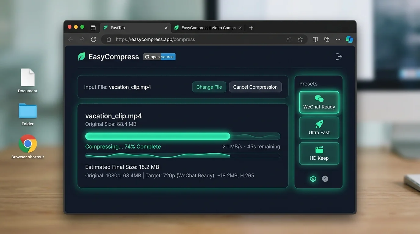Minimalist browser-based video compressor with one-click presets and real-time progress bar — no software install