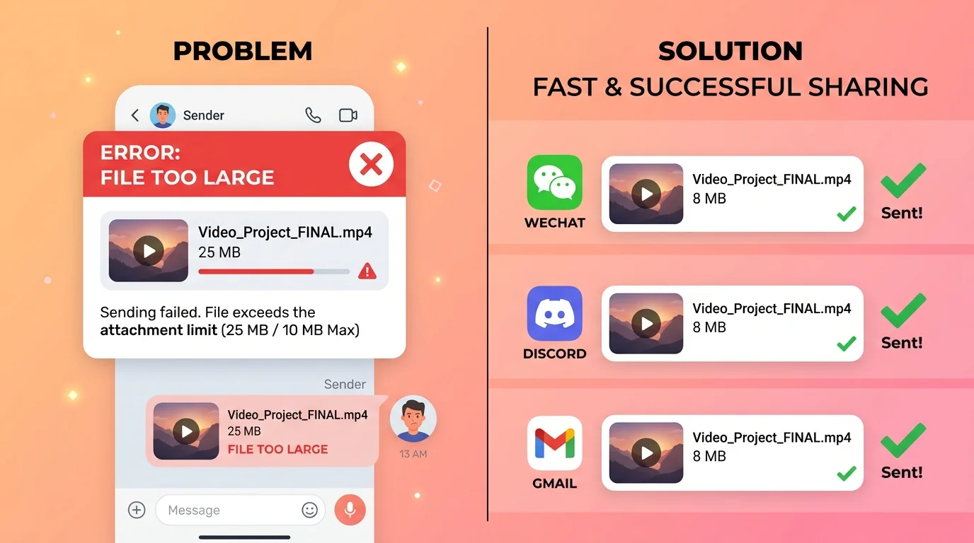 Split-screen: file too large error on WeChat left, 8MB compressed video sent successfully on right