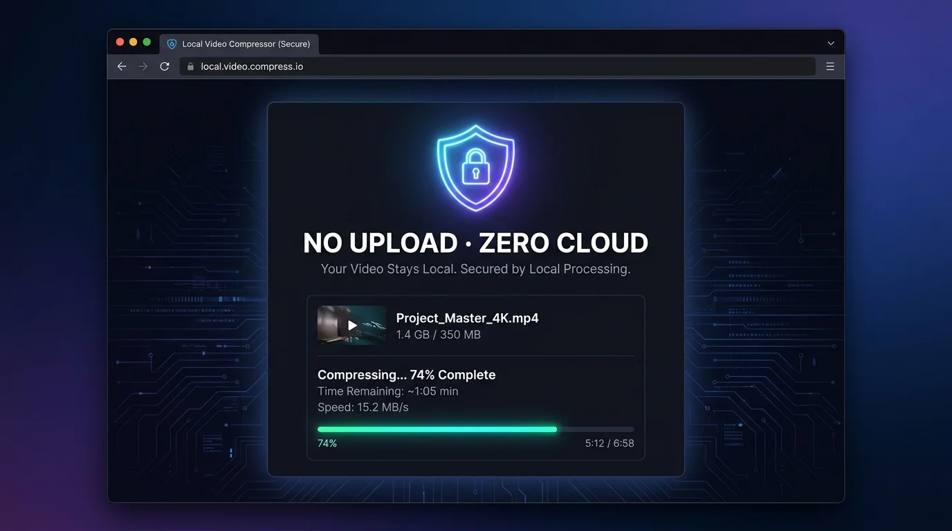 Browser tab showing video compression happening locally — no upload indicator, shield icon, zero cloud label