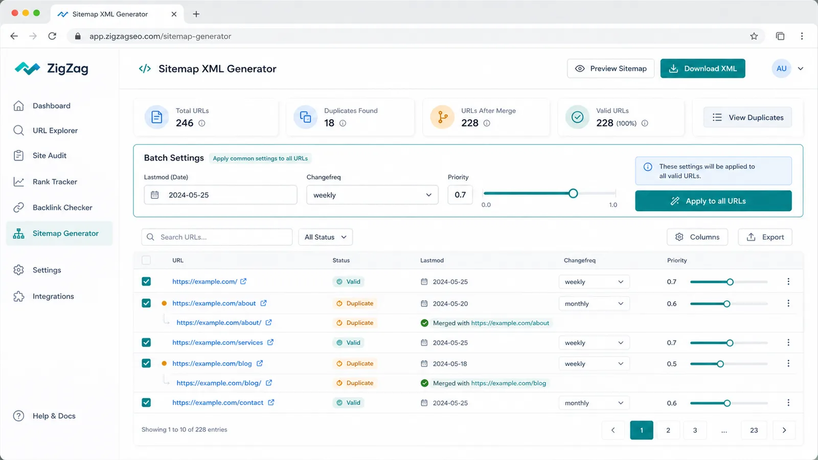 Gerador de Sitemap XML batch settings panel applying lastmod changefreq and priority while removing duplicate URLs