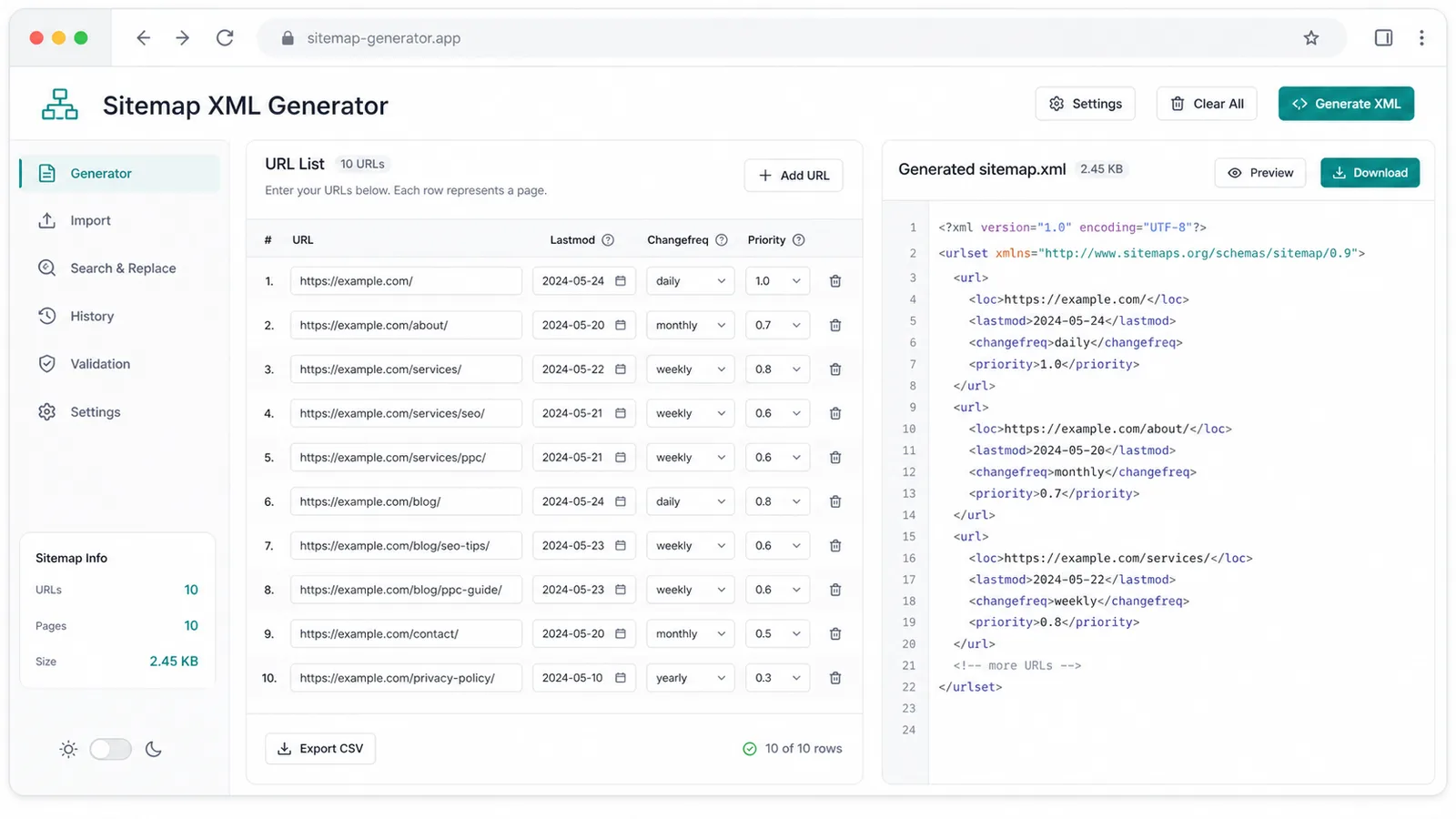 Gerador de Sitemap XML URL list editor with lastmod changefreq priority and XML preview panels