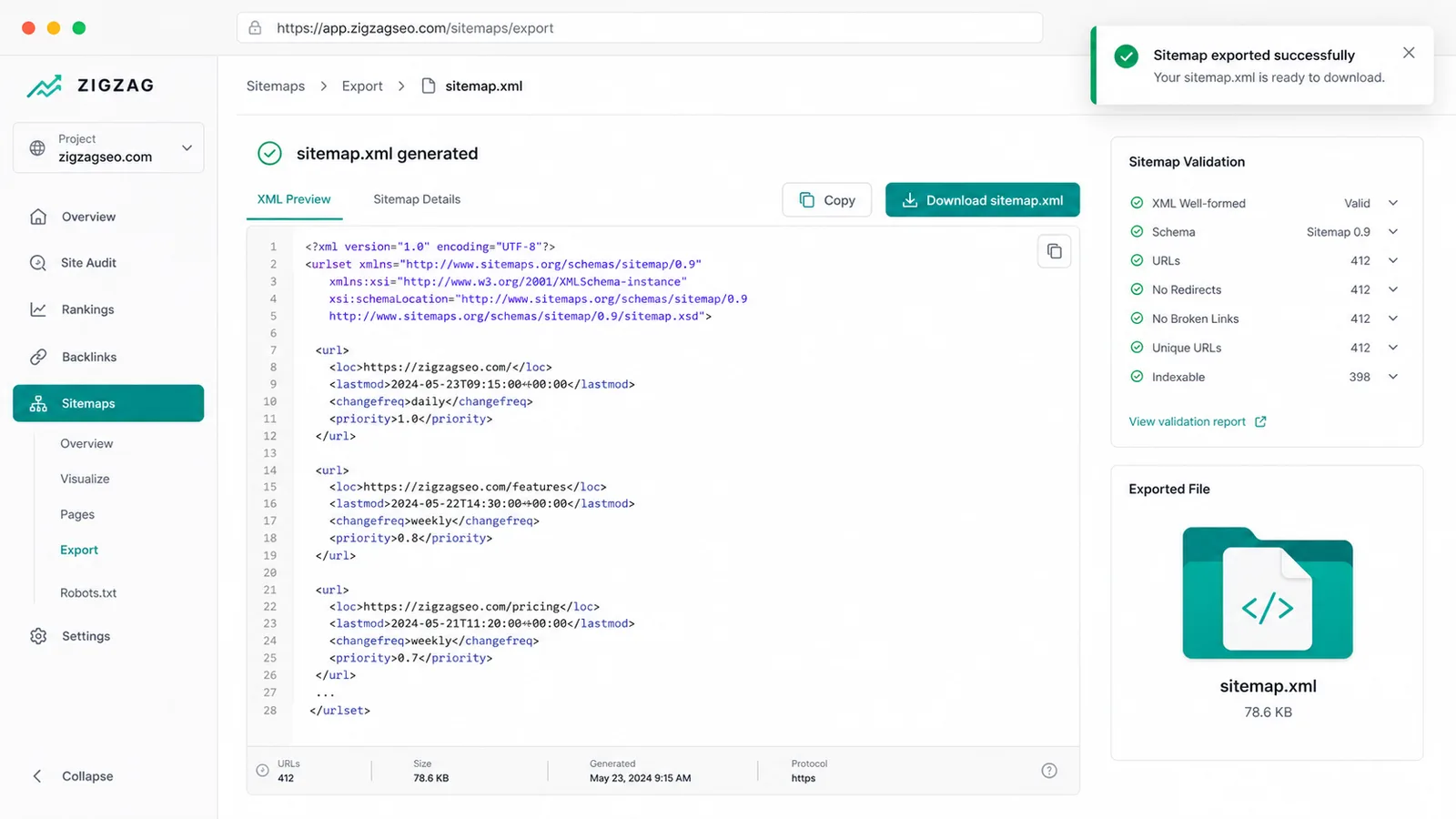 Gerador de Sitemap XML export workflow with generated sitemap.xml copy and download actions
