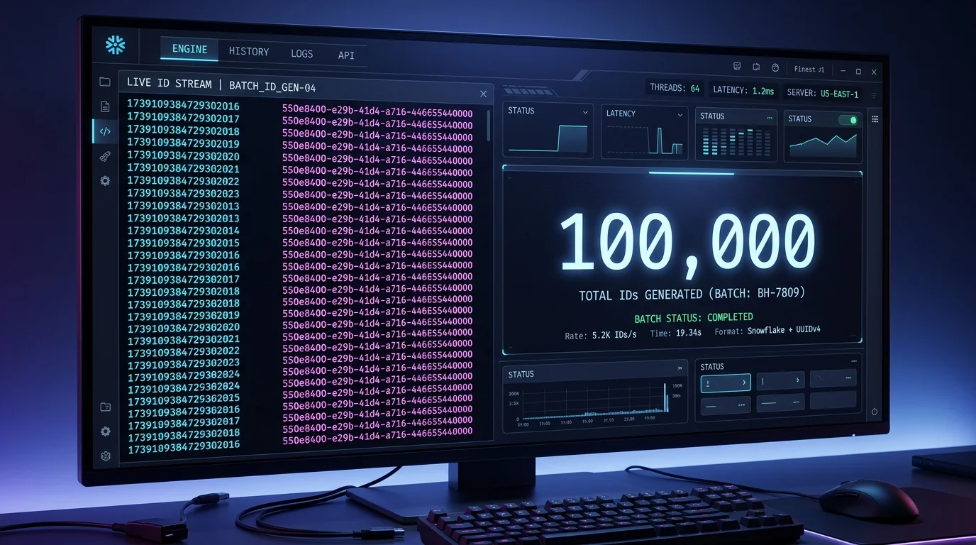 Instant Snowflake ID Generator batch output โ 100,000 IDs generated in milliseconds with live counter