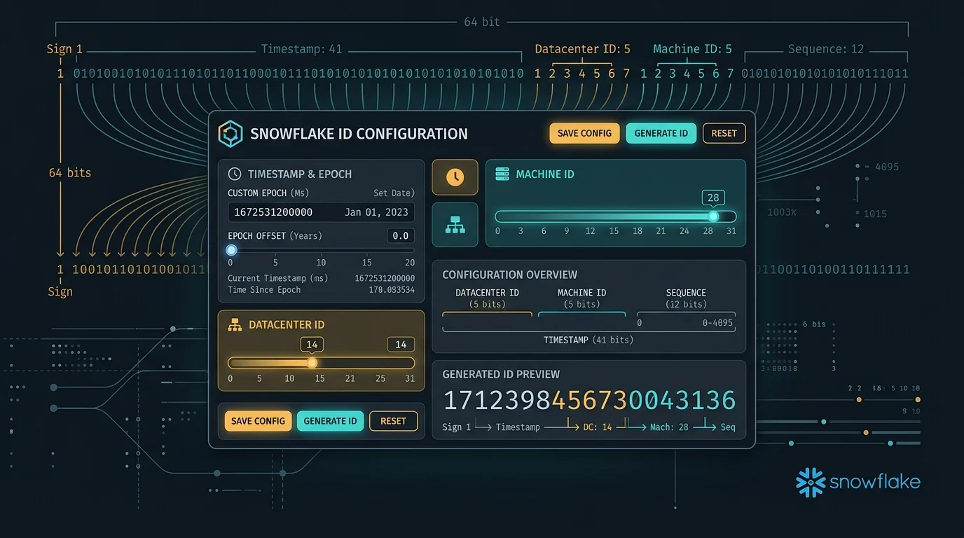 Snowflake ID configuration panel โ epoch preset selector, machine ID and datacenter ID inputs with 64-bit bit layout diagram