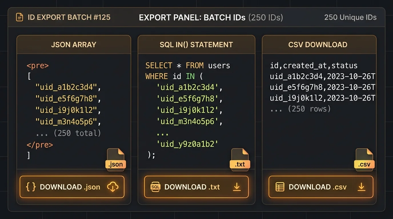 Snowflake ID output format options โ JSON array, SQL IN clause, and CSV download side by side