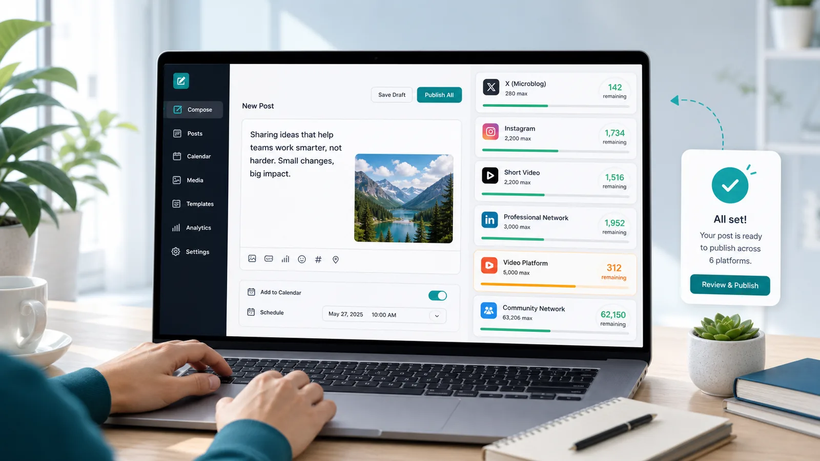 Social Media Character Counter dashboard comparing X Twitter Instagram TikTok LinkedIn YouTube and Facebook character limits