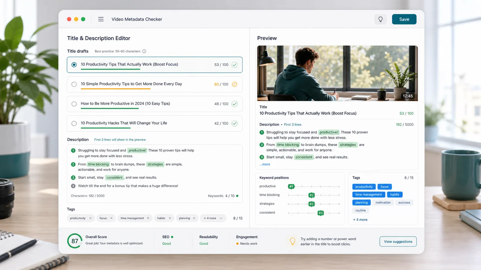 Social Media Character Counter YouTube title preview description first lines keyword positions and tag checks