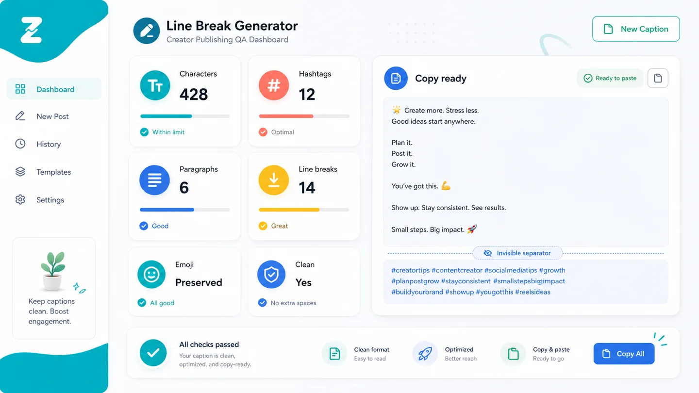Social Media Line Break Generator dashboard showing caption length hashtag count paragraph count emoji preserved and copy ready output metrics