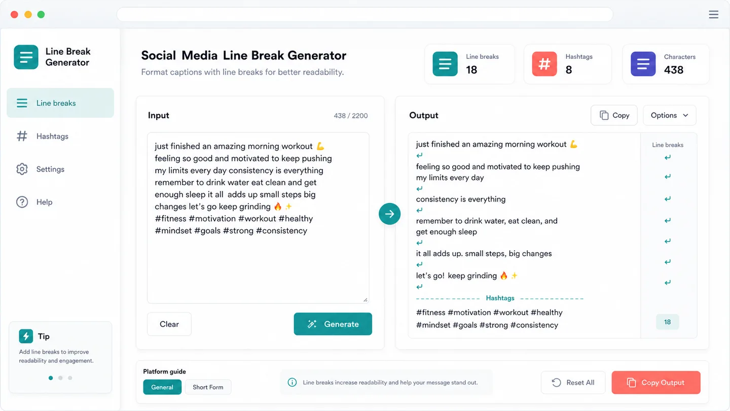 Social Media Line Break Generator editor showing messy caption input and optimized paste ready output with preserved paragraphs emoji hashtags and invisible separators