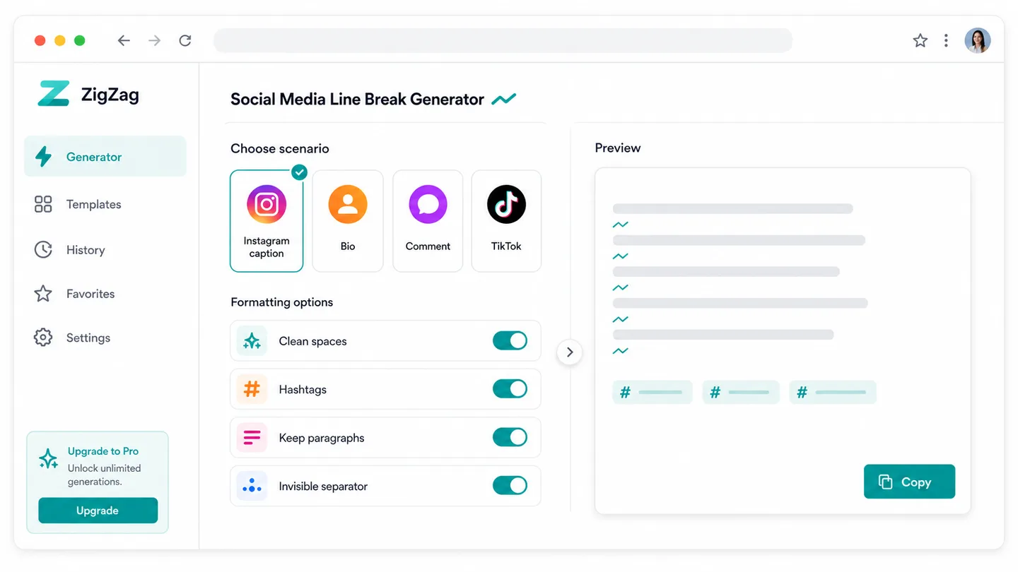 Social Media Line Break Generator scenario templates for Instagram caption Instagram bio Instagram comment and TikTok caption formatting