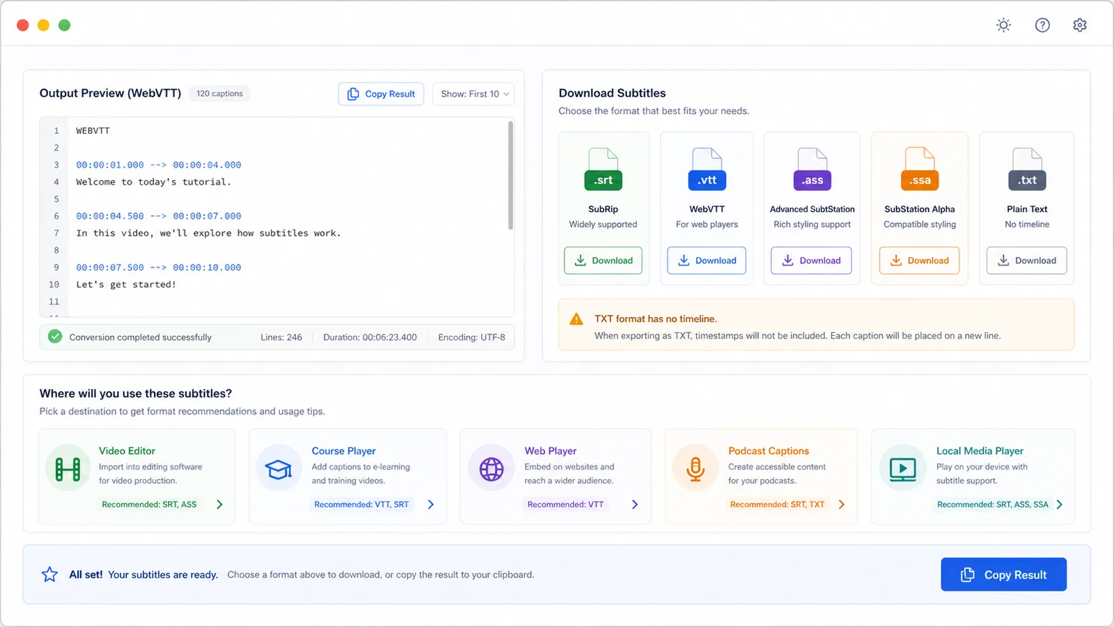 Subtitle Converter export workflow with copy and download options for video editors web players courses podcasts and local players