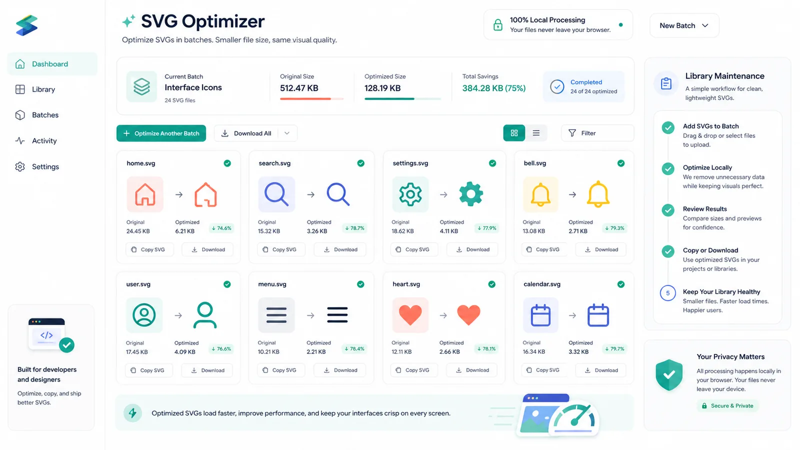 SVG Optimizer showing before after size comparison copy optimized SVG and download file actions