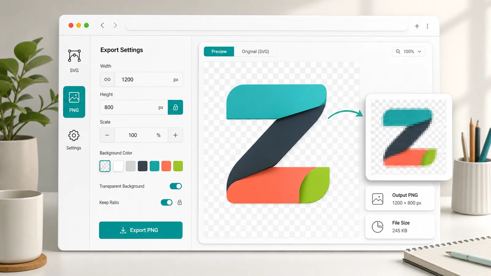 SVG to PNG Converter export settings for width height scale transparent background and custom color