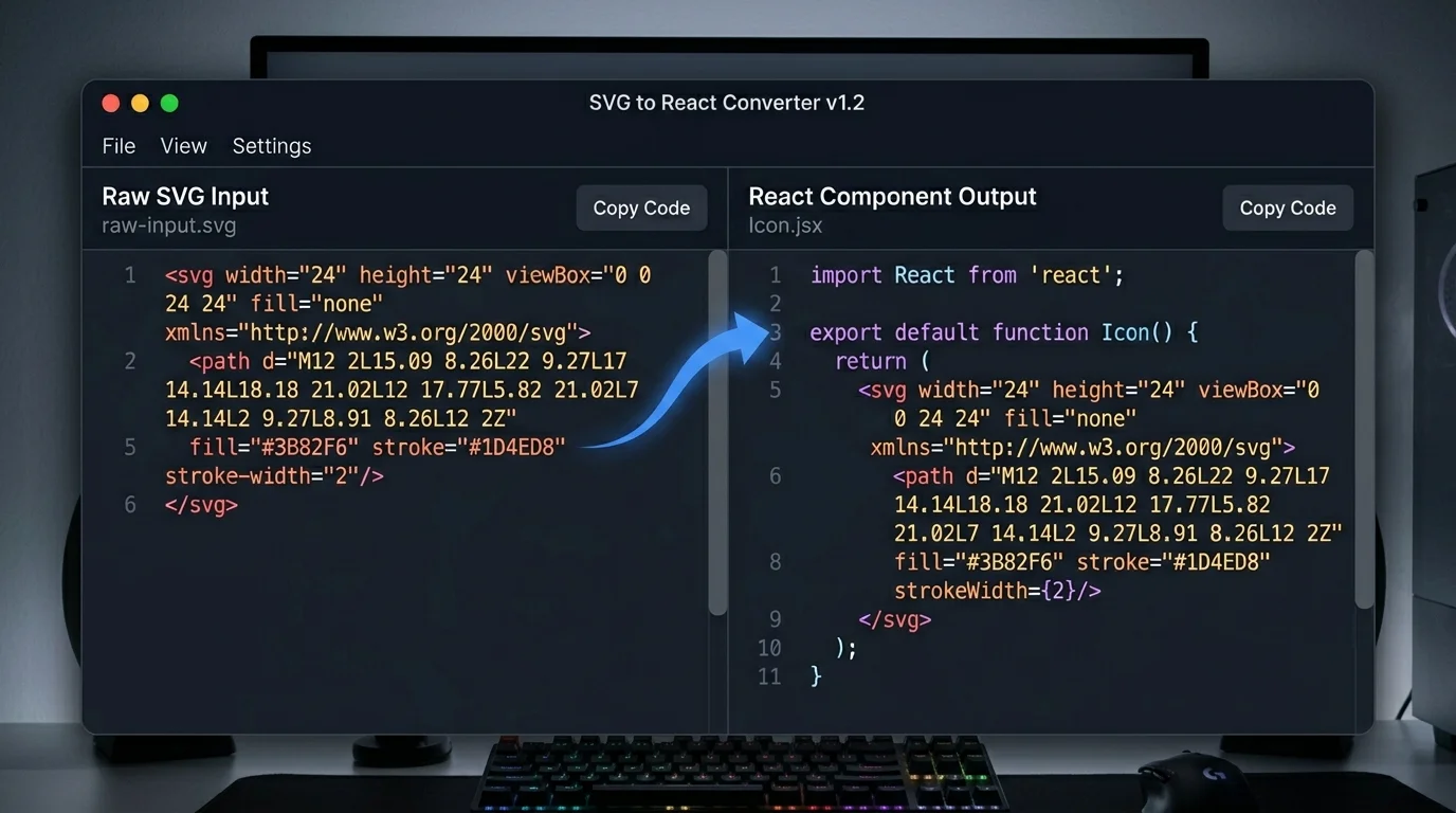 SVG to React live dual-panel preview — raw SVG input on the left, formatted React component output on the right